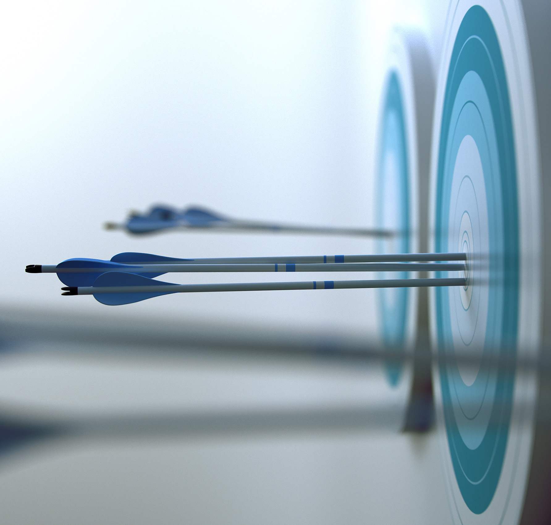 Arrows hit target. Simple 3d scene representing arrows, that hit targets.