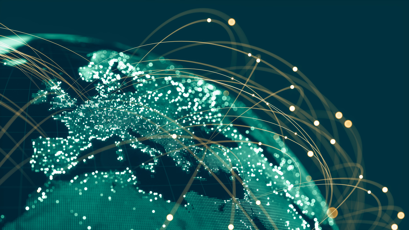 Global Communication Network Blue Globe viewing from space at night with connections between cities.
(World Map Courtesy of NASA: https://visibleearth.nasa.gov/view.php?id=55167)